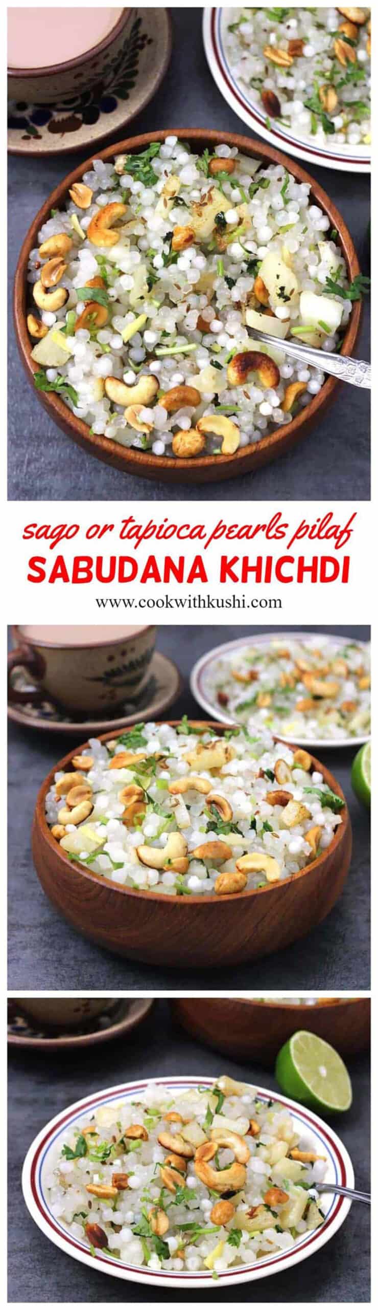 A collage of images showing sabudana khichdi.