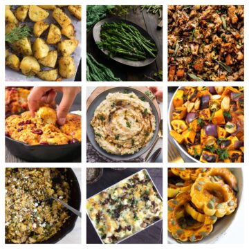 Best Thanksgiving side dishes with potatoes, brussels sprouts, mushroom, cranberries, squash, carrots, green beans, sweet potatoes, stuffing, corn, cauliflower