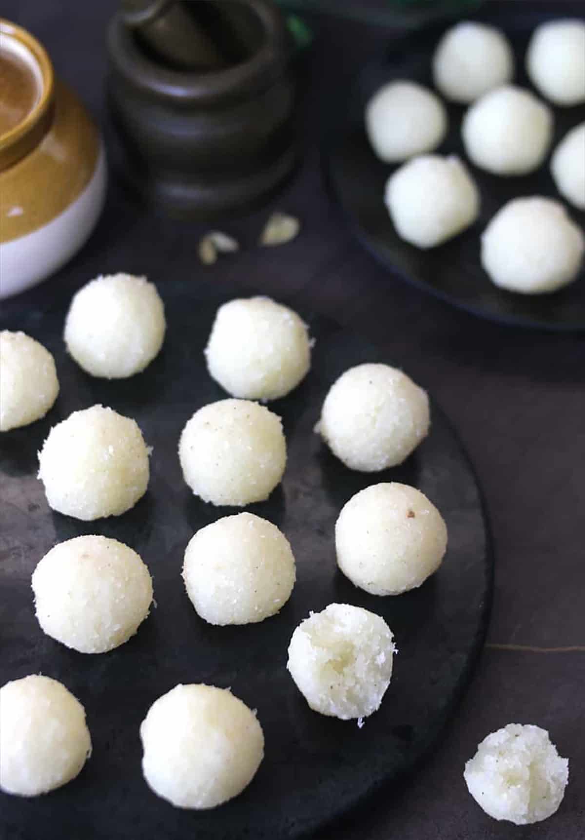 Inner texture of melt in the mouth and best coconut ladoo recipe without condensed milk (milkmaid). 
