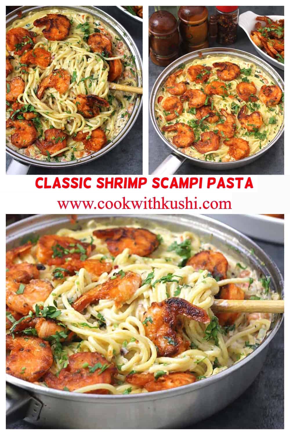 A collage of pics showing classic restaurant-style shrimp scampi pasta.