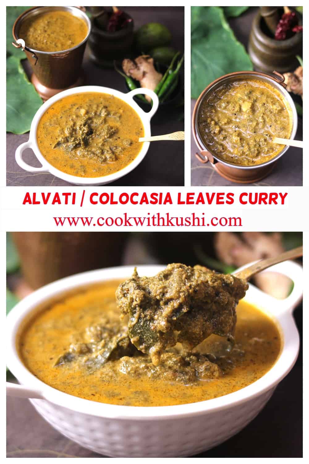 3 different images of colocasia leaves curry, alu chi bhaji, alvati konkani recipe