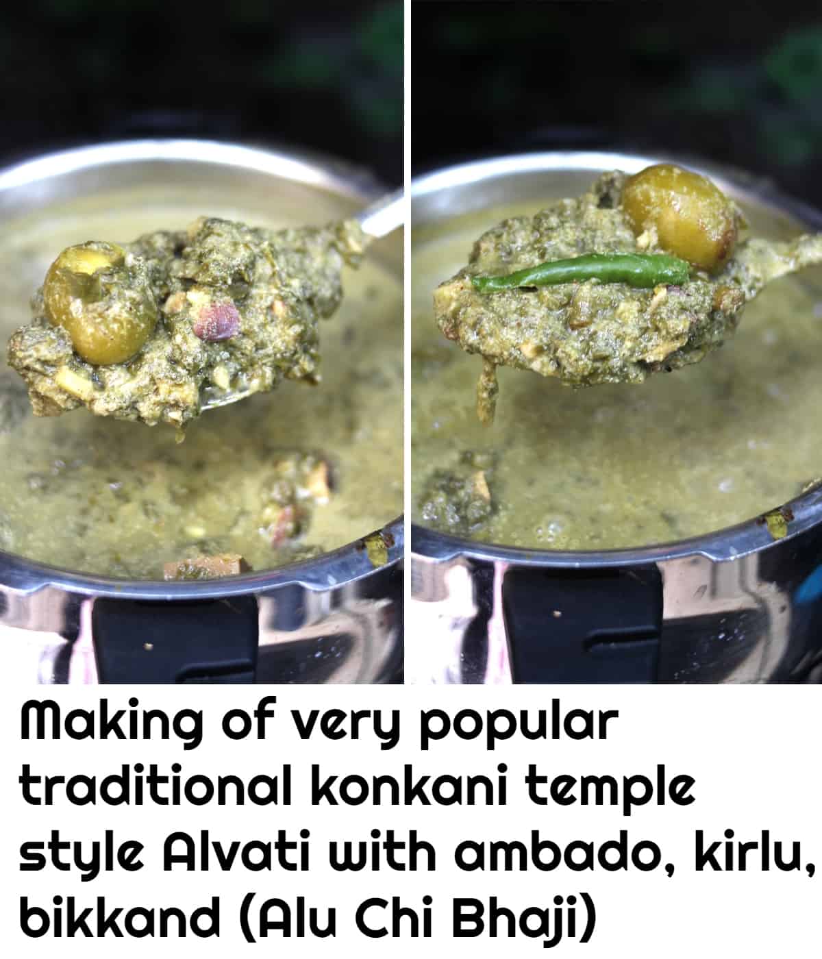 Making of green alvati, creamy and smoky temple style alvati recipe at home, alu chi bhaji, Colocasia leaves curry