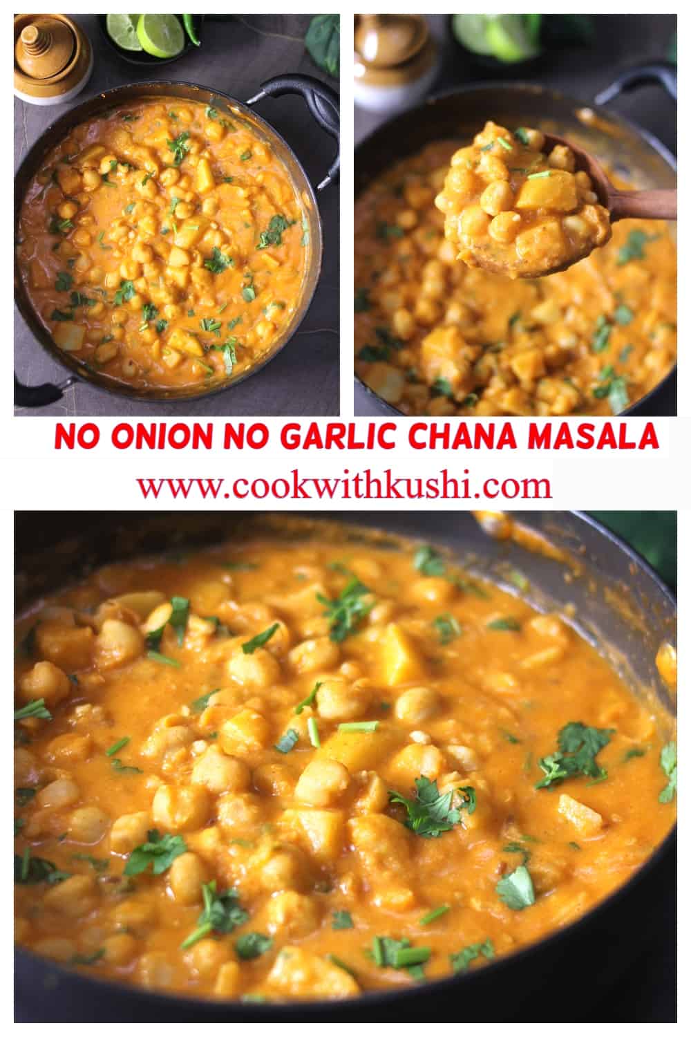3 different images of vegan chickpeas curry, chole, chana masala