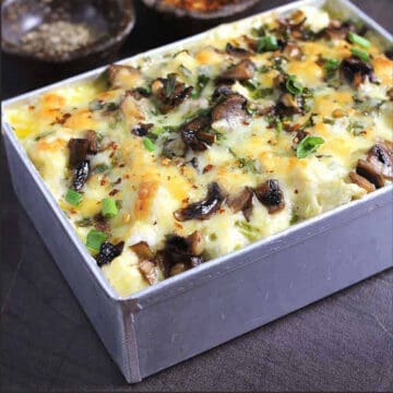 The best loaded cheesy casserole hot from the oven.