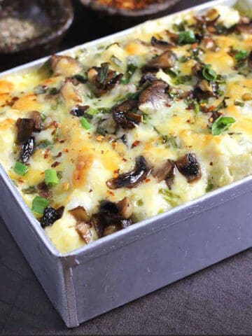 The best loaded cheesy casserole hot from the oven.