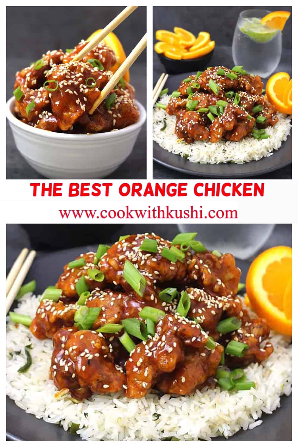 A collage of pics showing Crispy Orange chicken garnished with spring onions and toasted sesame seeds served over a bed of steamed rice.