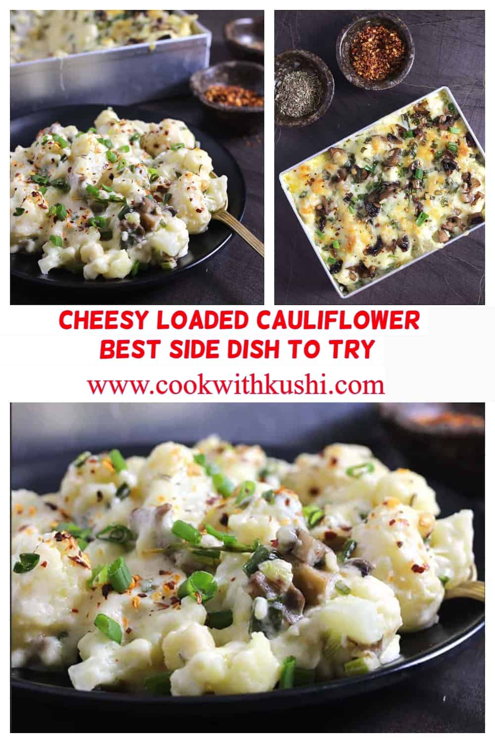 A collage of pictures showing loaded cauliflower casserole.