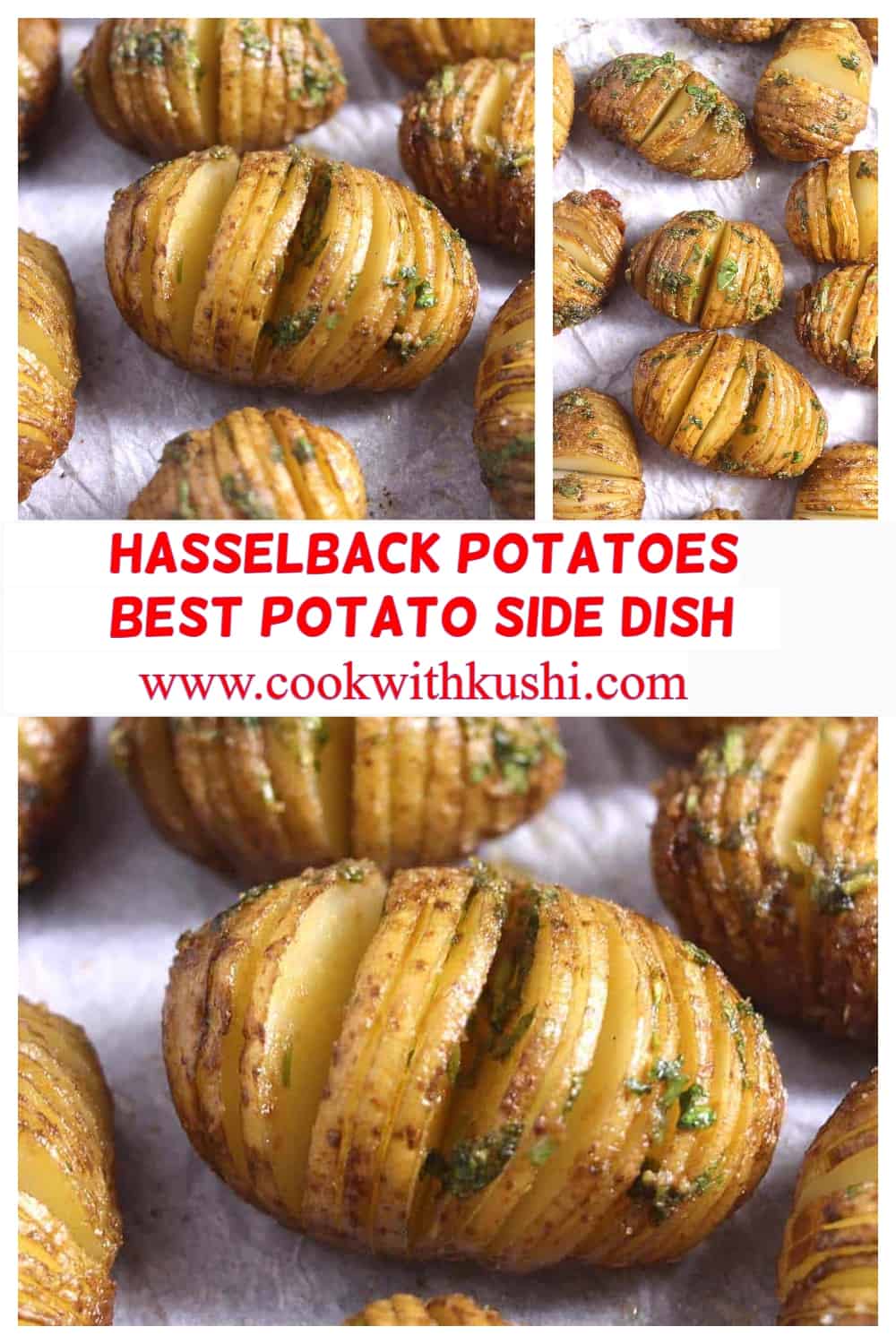 A collage of pics showing Hasselback Potatoes.