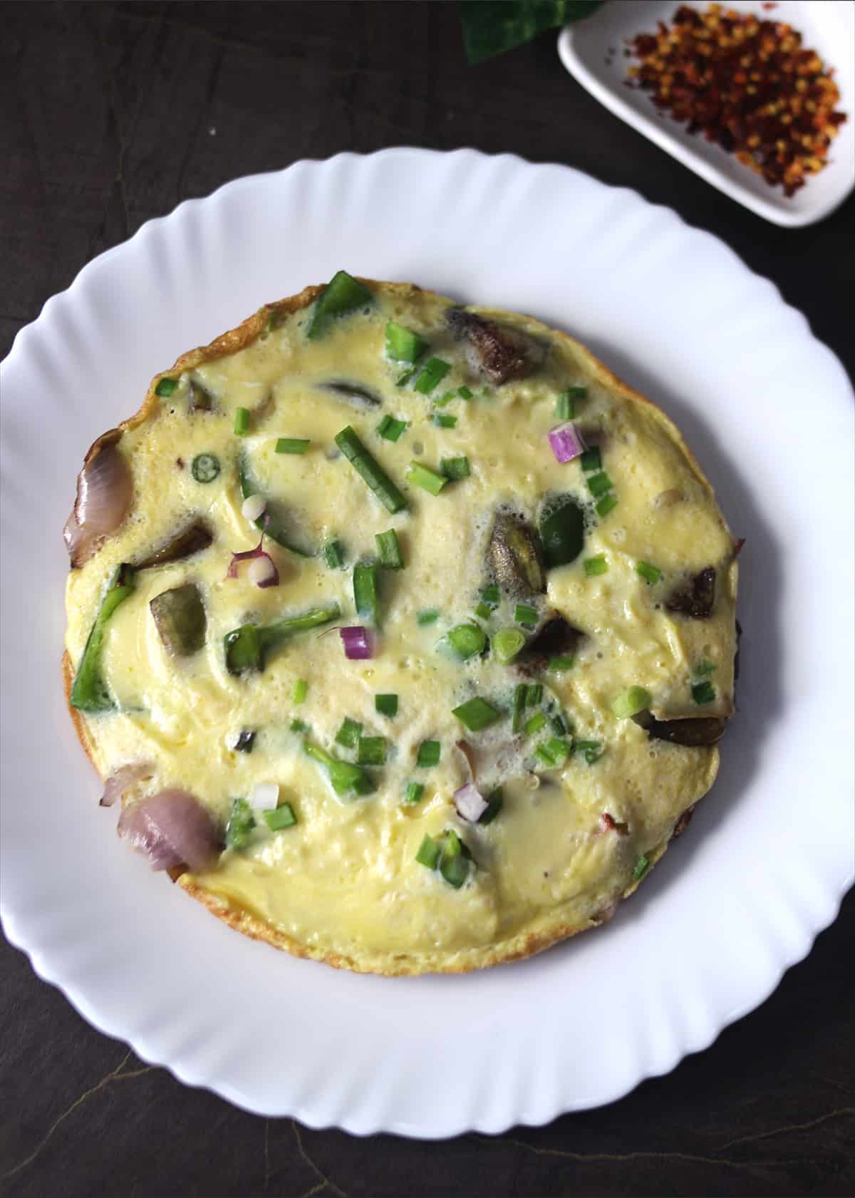 Top view of keto breakfast egg omelet (omelette) recipe 