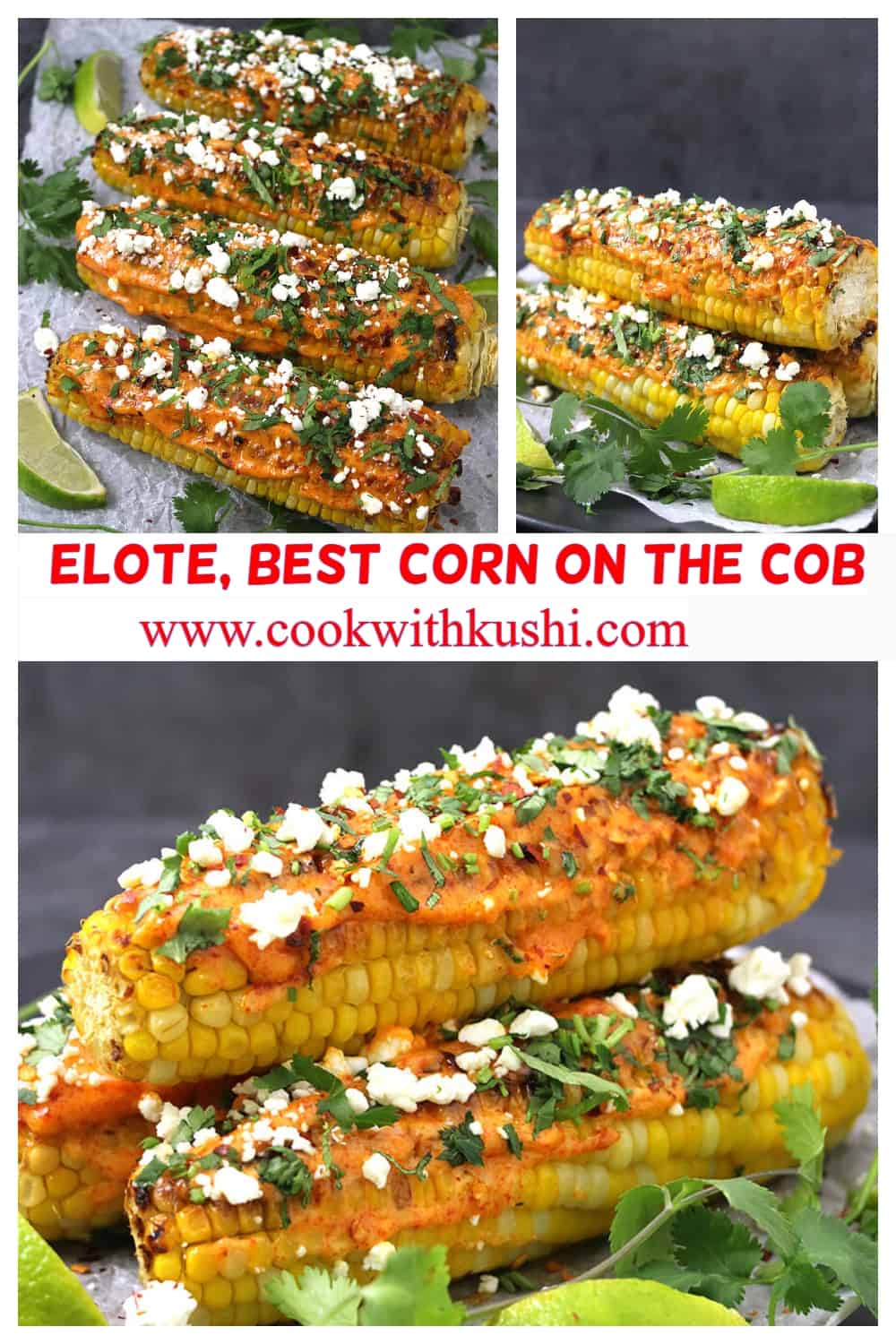 Mexican Corn on the Cob (Elote) with spicy mayo dressing, and garnished with finely chopped cilantro and crumbled cheese.