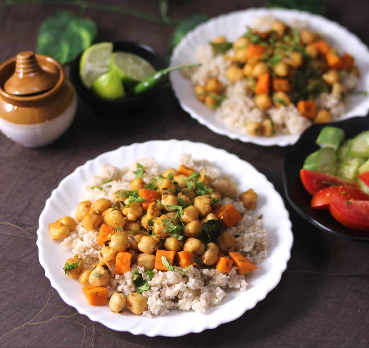 healthy weight loss vegetarian meal with millet and chickpeas