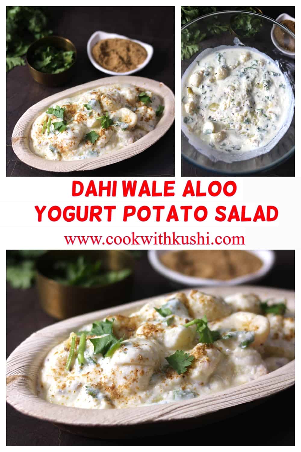 3 different images of dahi aloo recipe, indian yogurt and mashed potato salad
