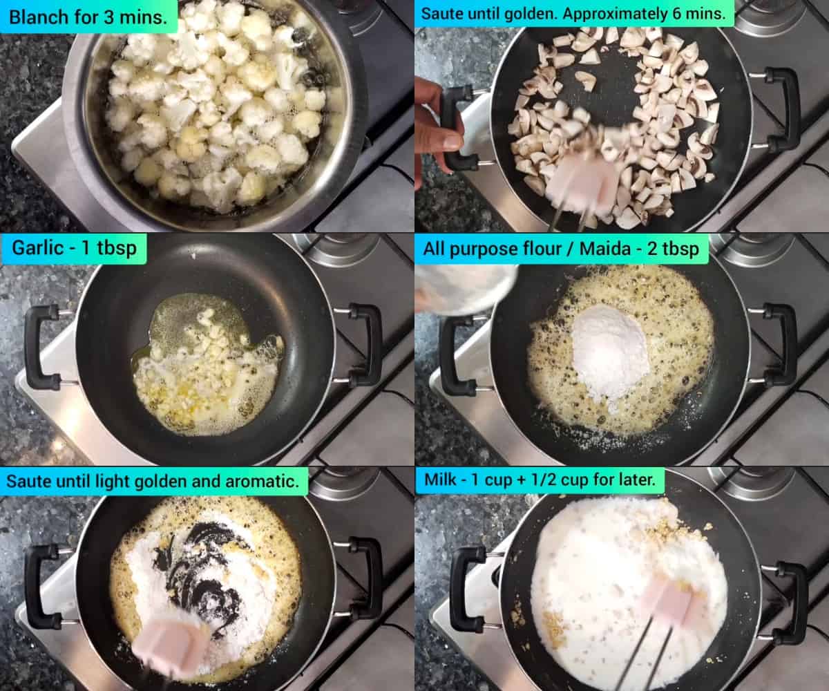 step by step pictures for preparing cheesy loaded cauliflower - steps shown include prepping veggies and starting white sauce