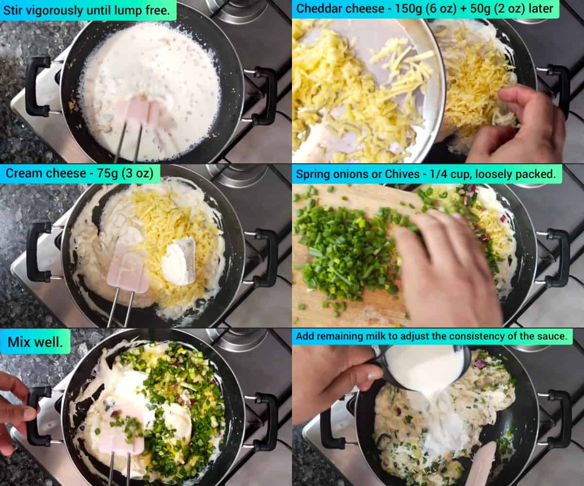 step by step pictures for loaded cauliflower casserole - making of creamy cheesy white sauce.