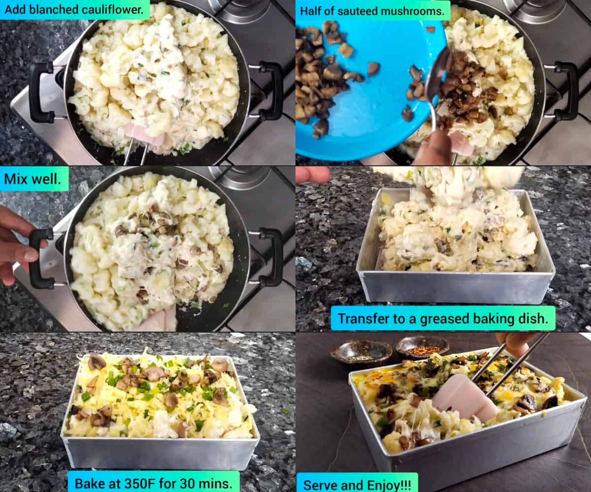 Step-by-step pictures of vegetarian casserole - adding creamy cauliflower, mushrooms to baking dish.