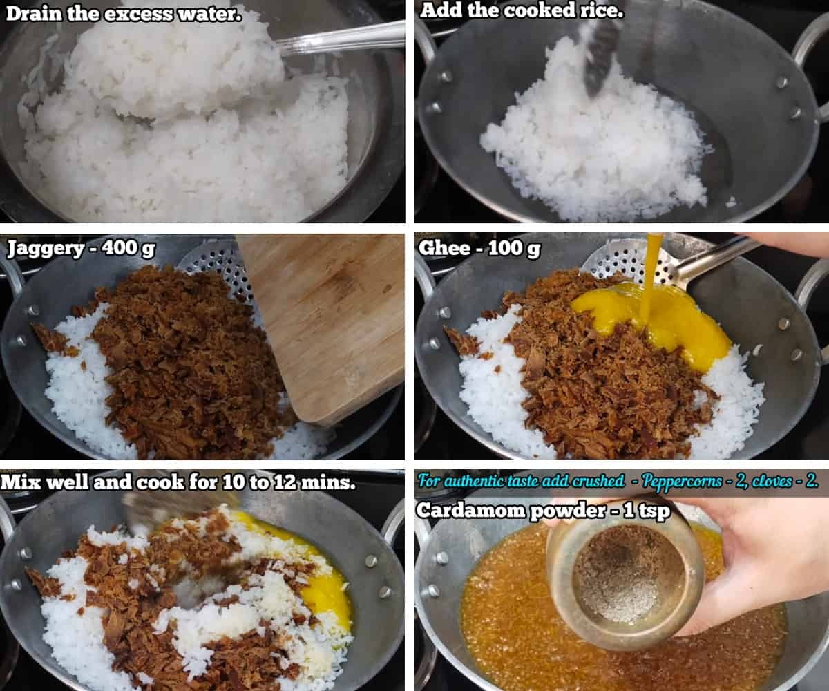 step by step recipe on making of temple style sweet pongal, sakkarai, chakkara pongal 