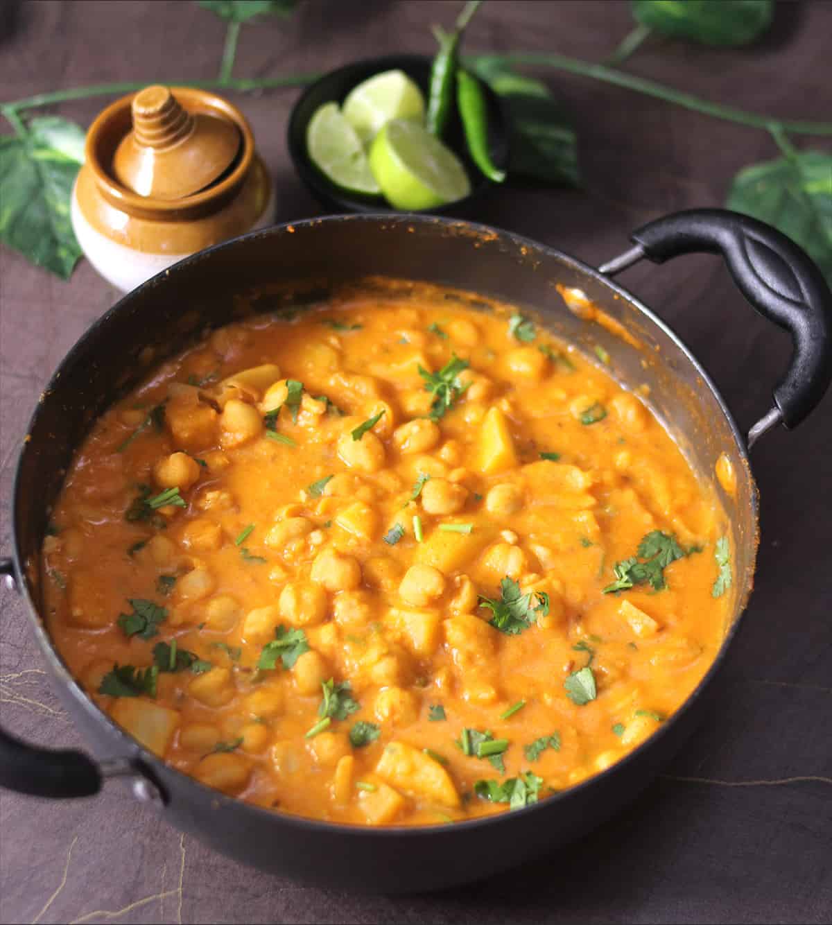 best vrat wale chana and aloo recipe served in black pan