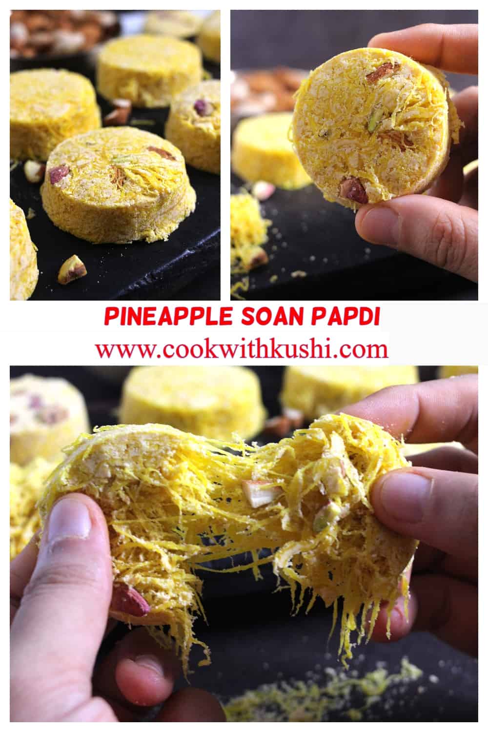 images showing pineapple soan papdi prepared at home from scratch. 
