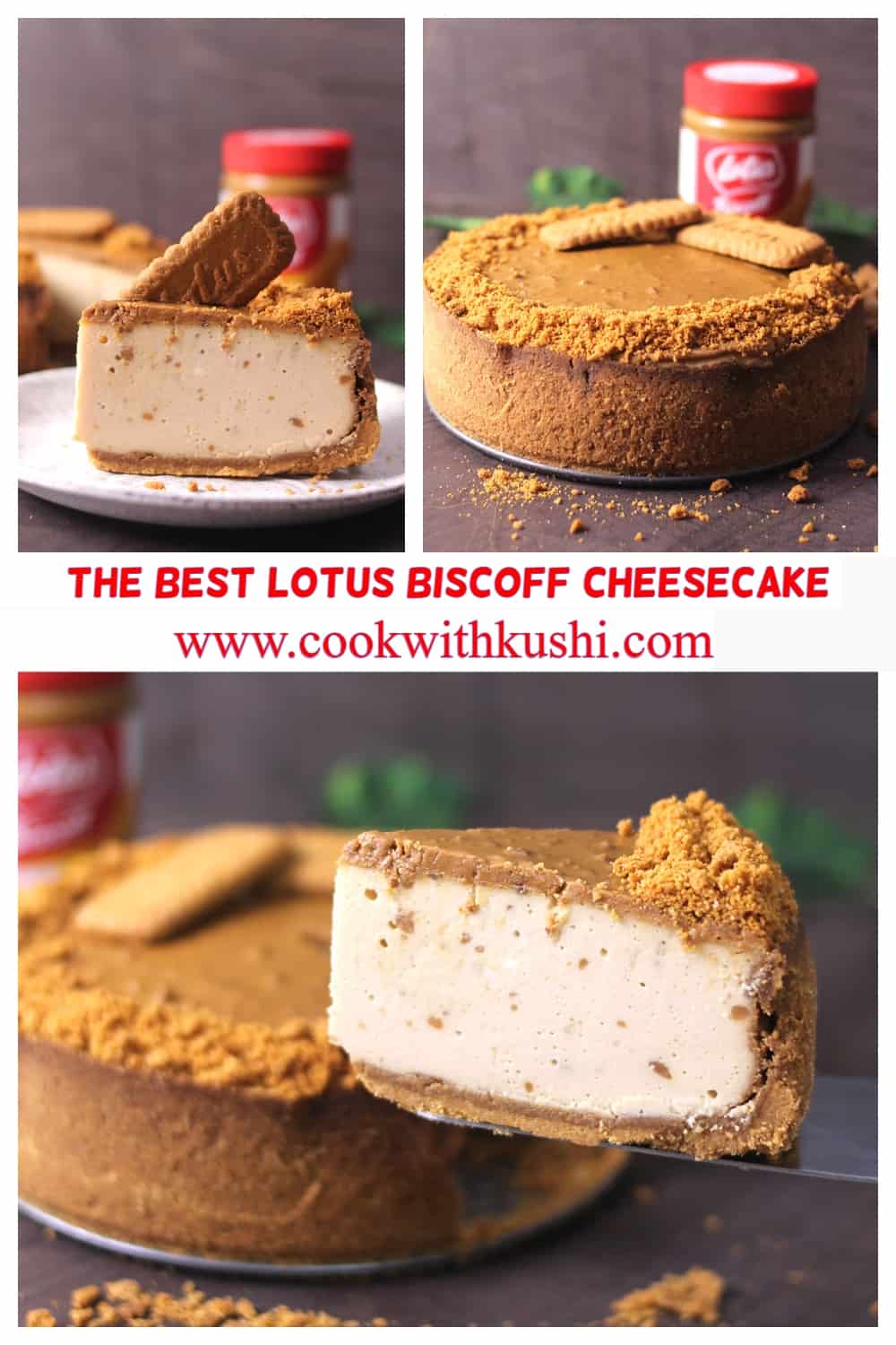 3 different images of soft and smooth biscoff cheesecake 