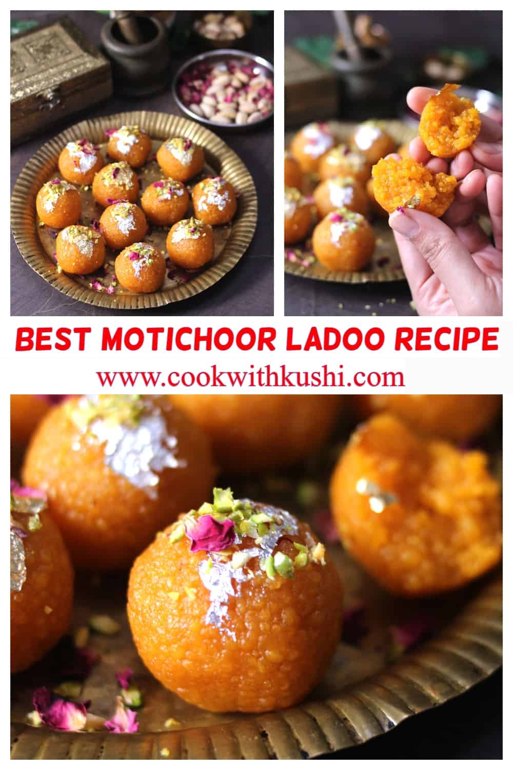 3 different images of motichoor ladoo (motichur laddu) recipe 