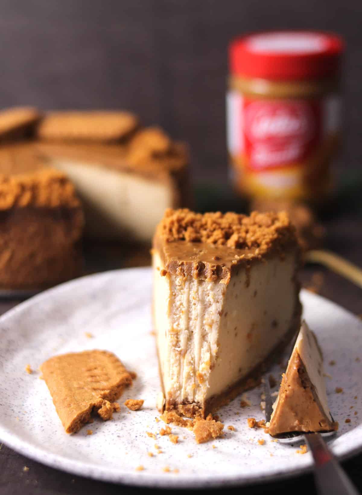 Slice of perfect soft and smooth creamy biscoff cheesecake for holidays 