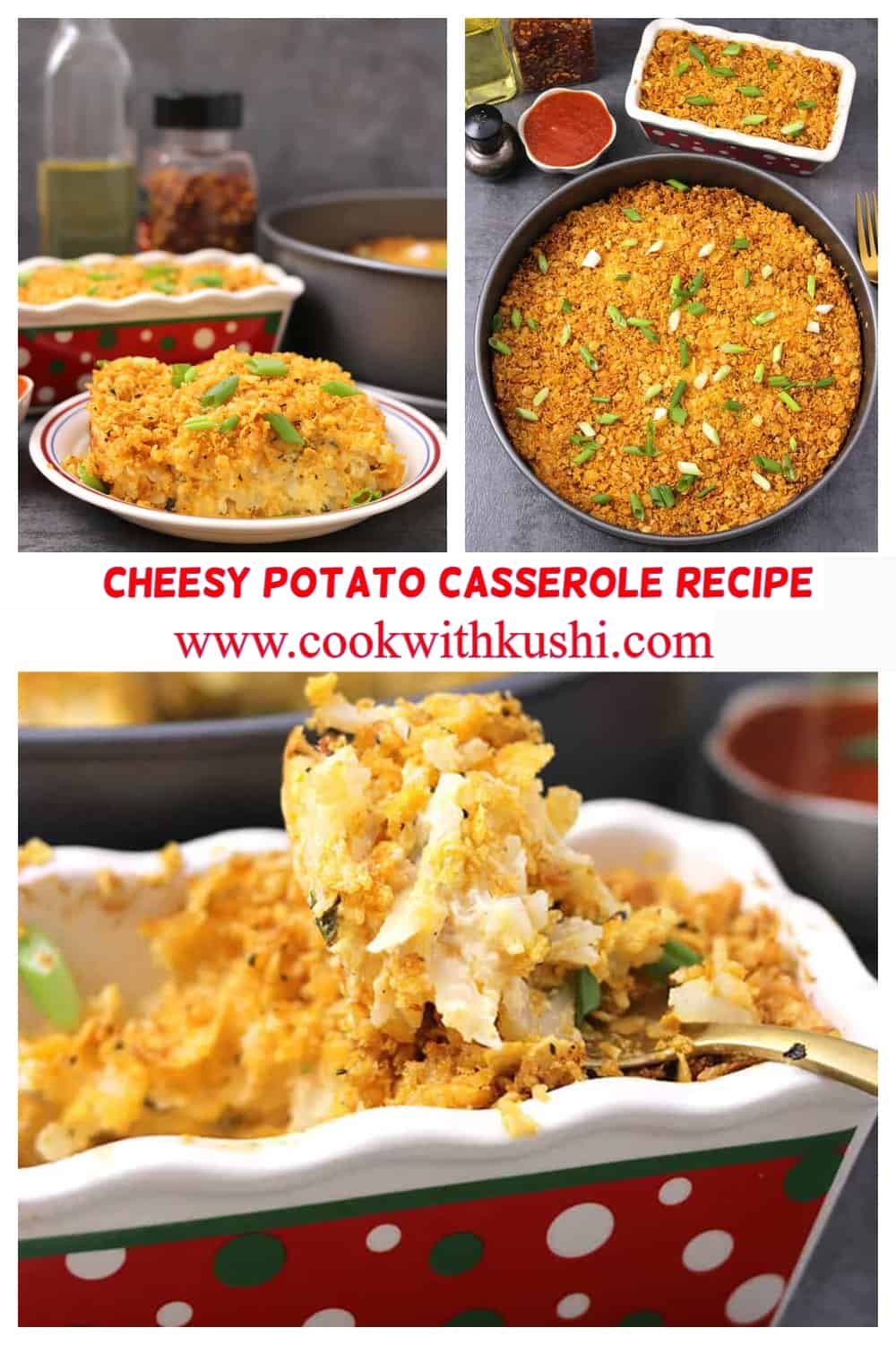 Collage of pics showing easy to make cheesy hashbrown potato casserole.