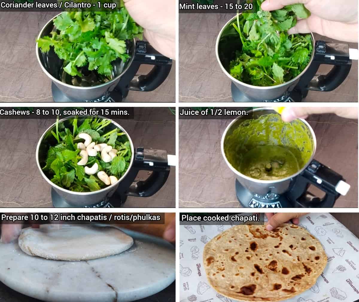 How to make green mint chutney and chapathi or paratha for rolls, step by step pictures 