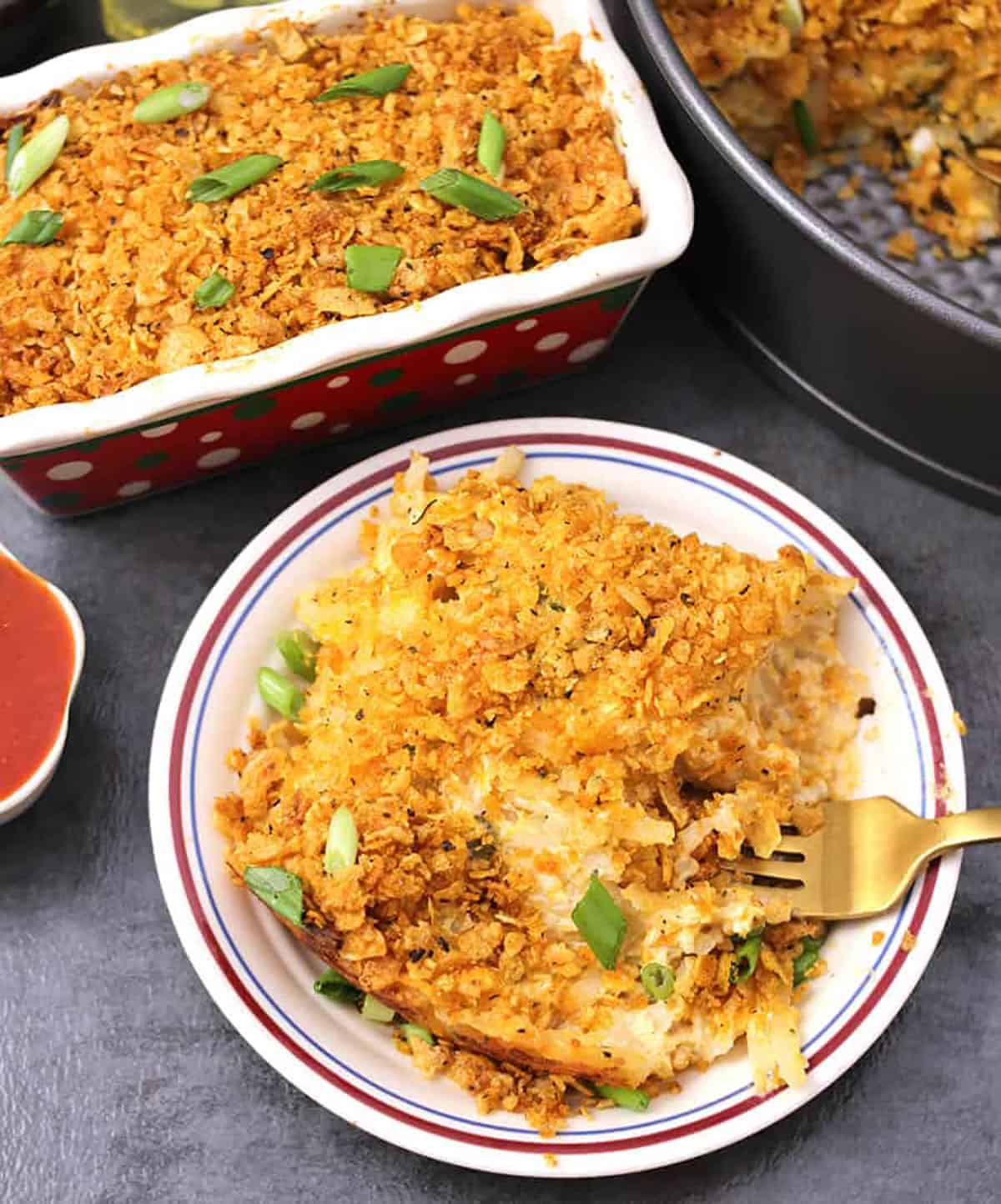 Frozen hashbrown potato casserole with crispy cornflakes topping Best as holiday side or breakfast.