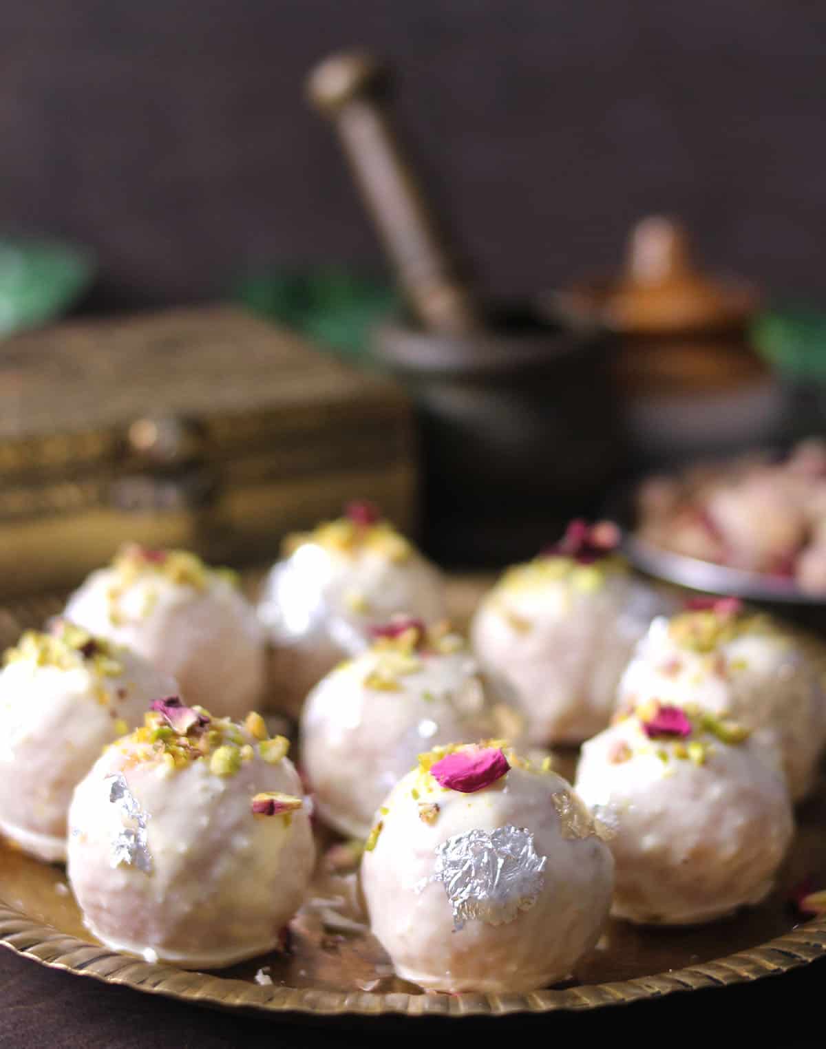 Motichoor Ladoo Truffles with gift box in background, special Indian dessert