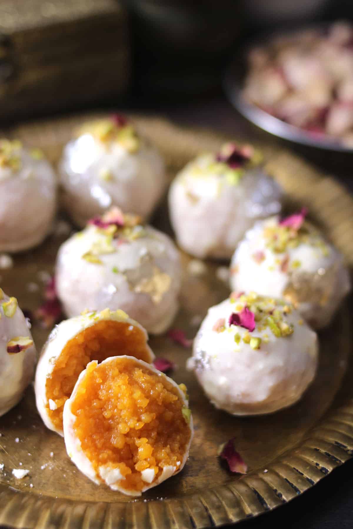 melt in mouth halwai style motichur laddu coated in white chocolate - unique diwali sweet 