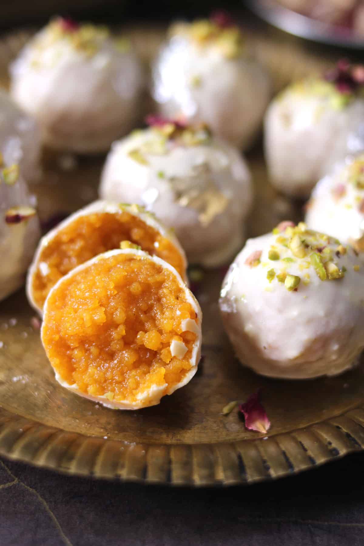Motichoor Ladoo truffles, Motichur laddu truffles cut into halves - speical fusion Indian dessert for Diwali and occasions 