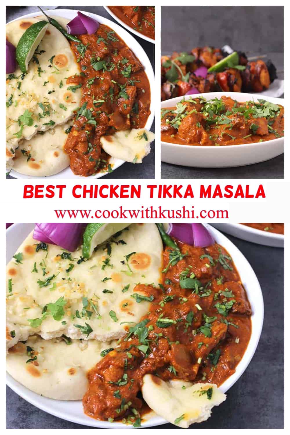 A Collage of pics showing the best homemade chicken tikka masala.