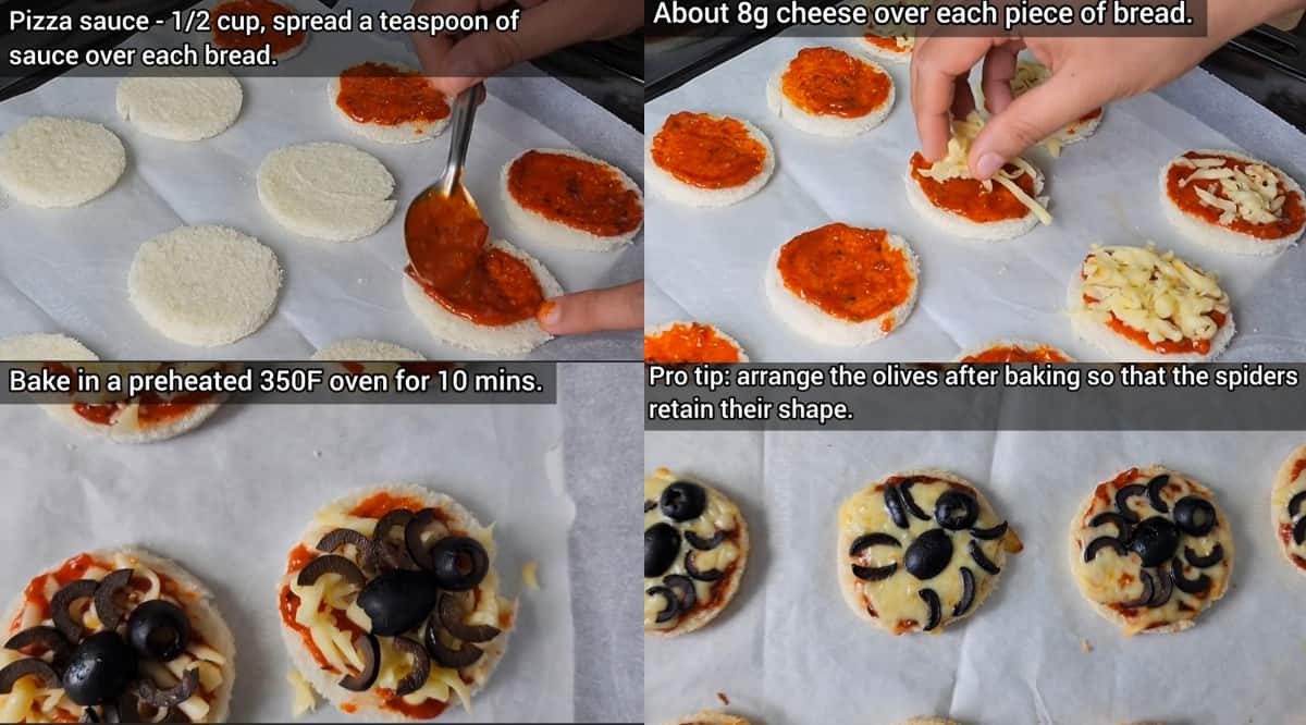 step by step pictures on making of halloween themed party food ideas for kids. (Bread pizza). 