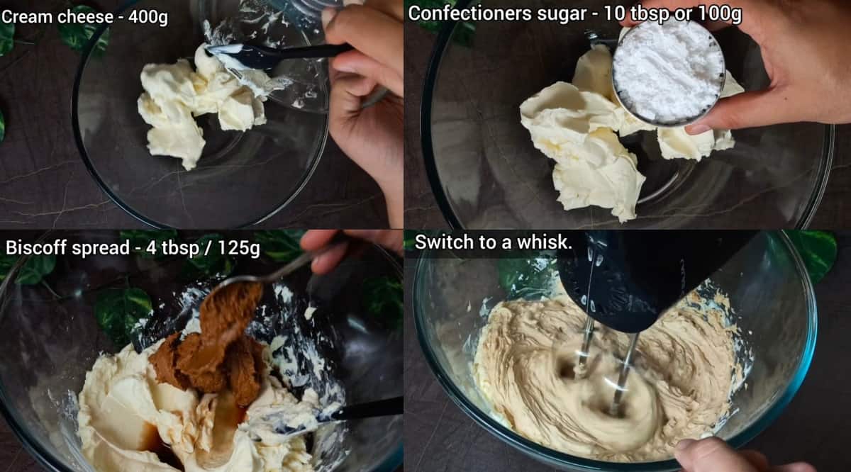 step by step pimages of biscoff cheesecake filling with cookie butter