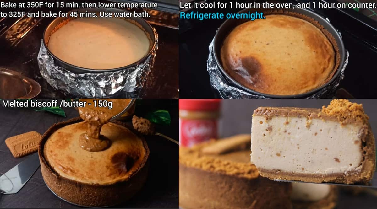 step by step images of cheesecake baking, water bath and nut butter topping 