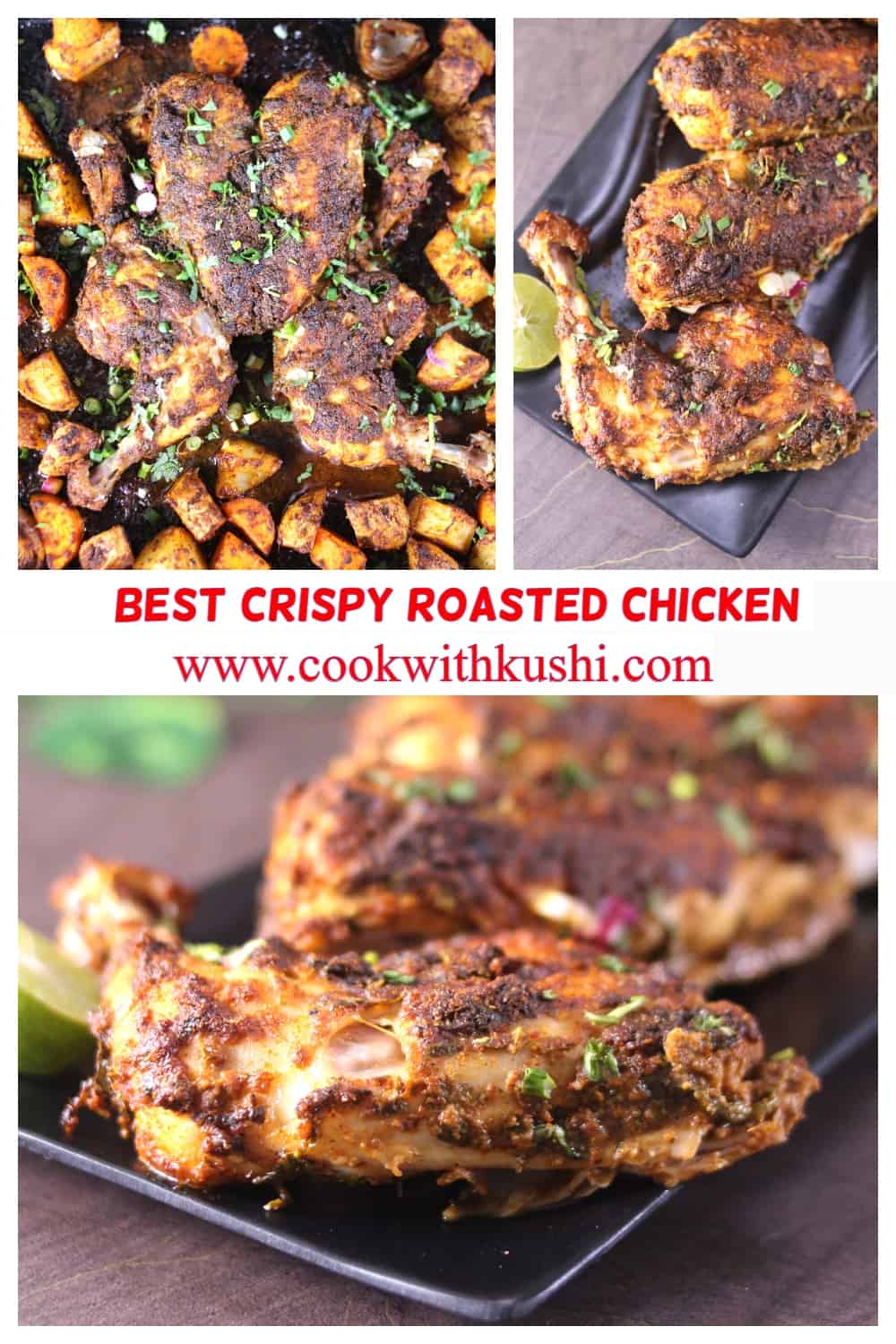 3 different images of the best simple crispy roasted whole chicken with potatoes 