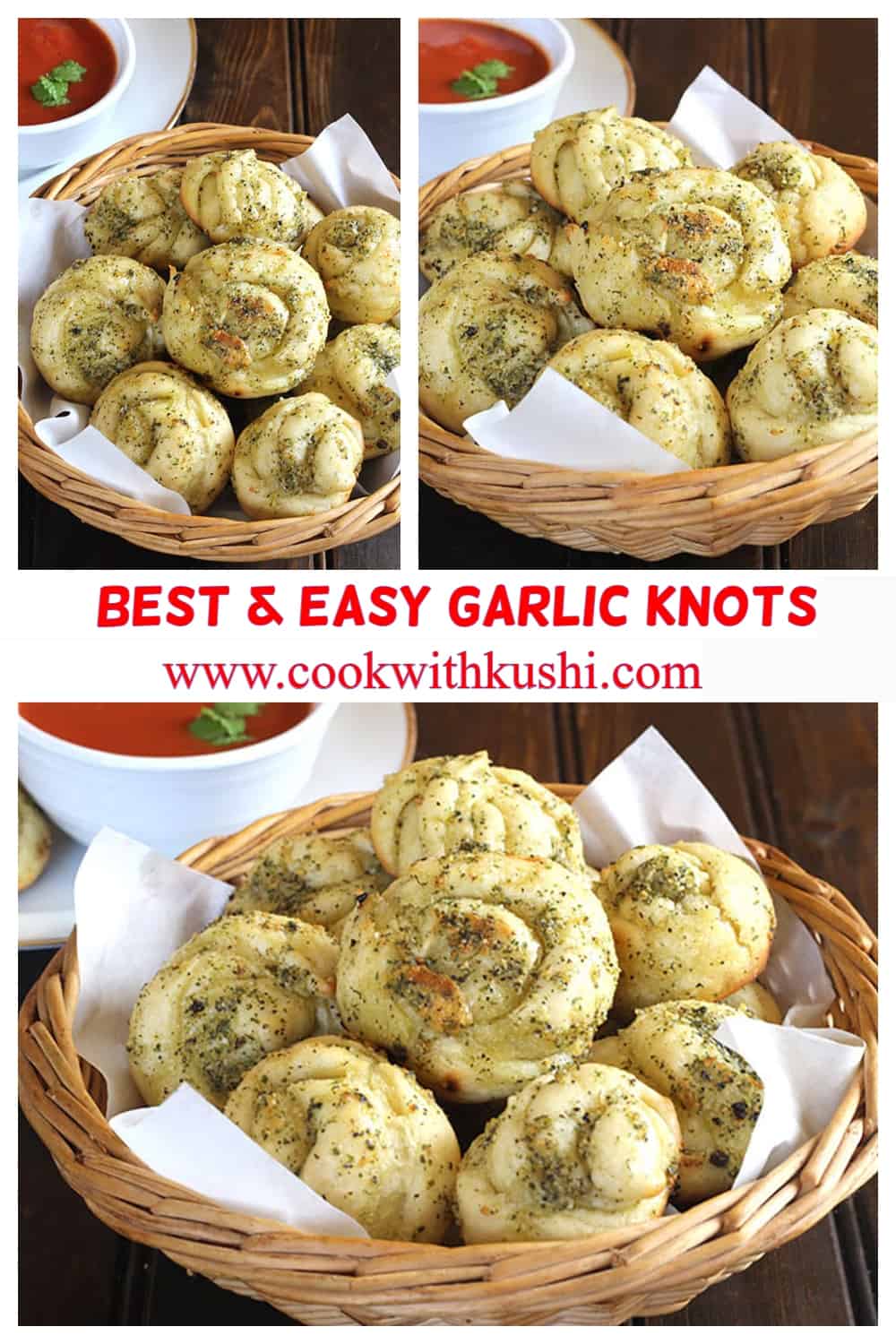 3 different images on making of the best homemade garlic knots recipe with pizza dough