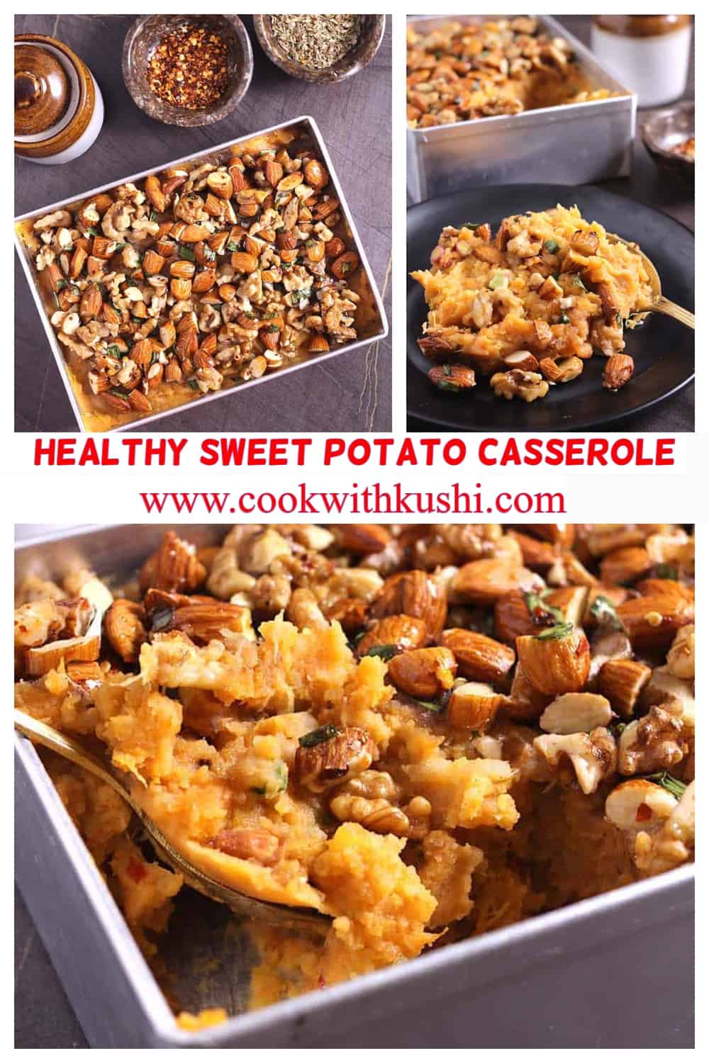 3 different images on savory, easy, healthy sweet potato casserole