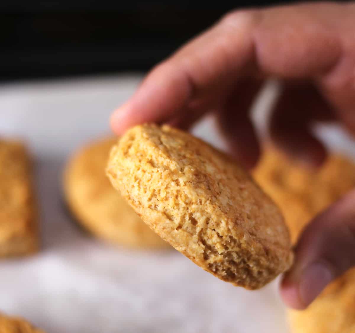 holding one flaky easy best  buttermilk biscuits showing layers 