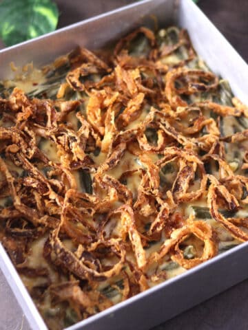 green bean casserole recipe from scratch with fresh beans, and fried onions, without mushroom soup
