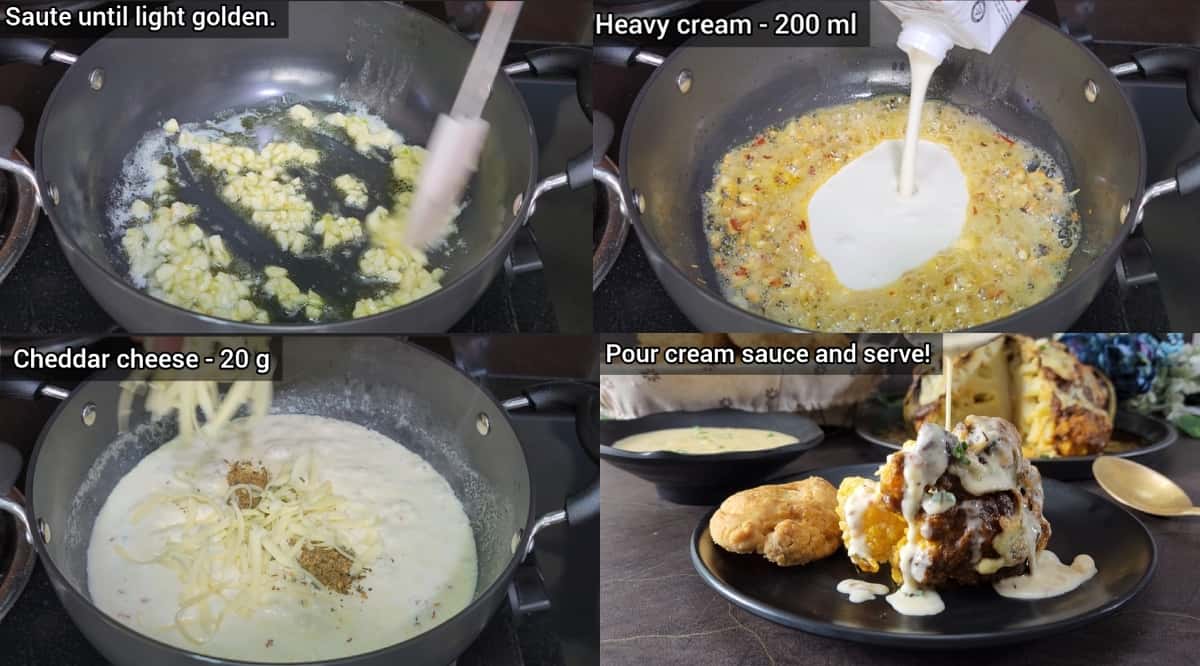 stepwise image on making of garlic cream sauce. 
