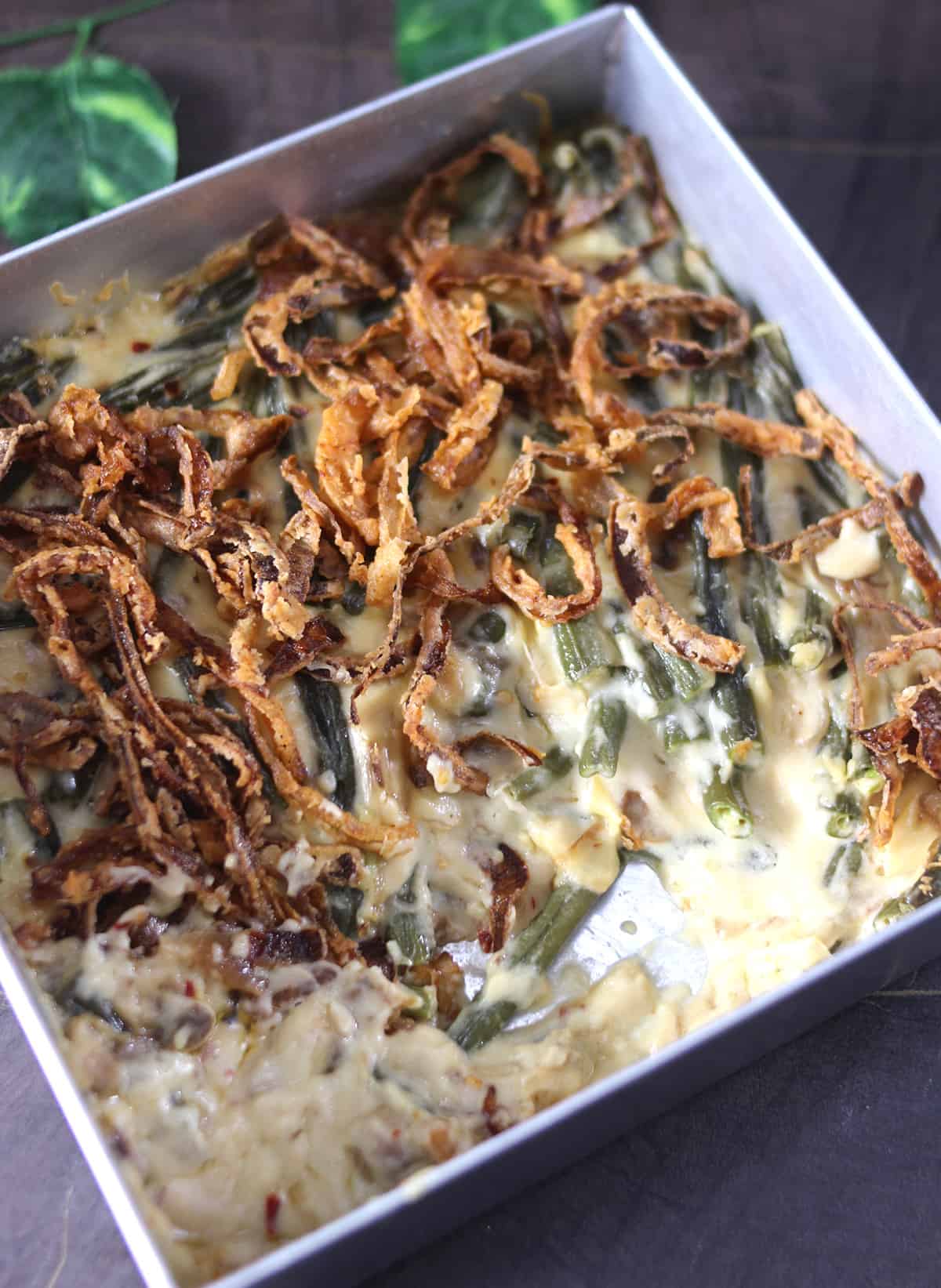 thanksgiving and Christmas vegetarian green bean casserole with fried onions  