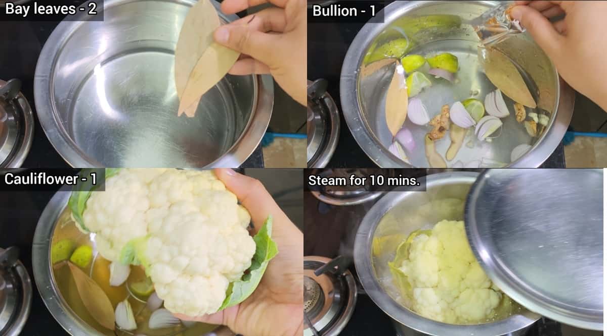 stepswise images on showing how to steam / boil cauliflower 