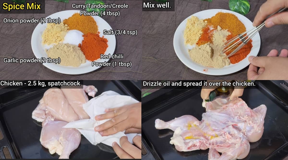 images showing making of dry rb mix and spatchcock chicken 