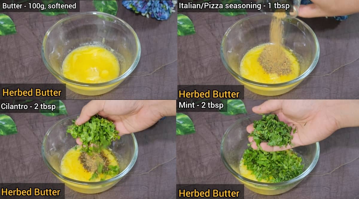 Step by step images on making of herbed butter