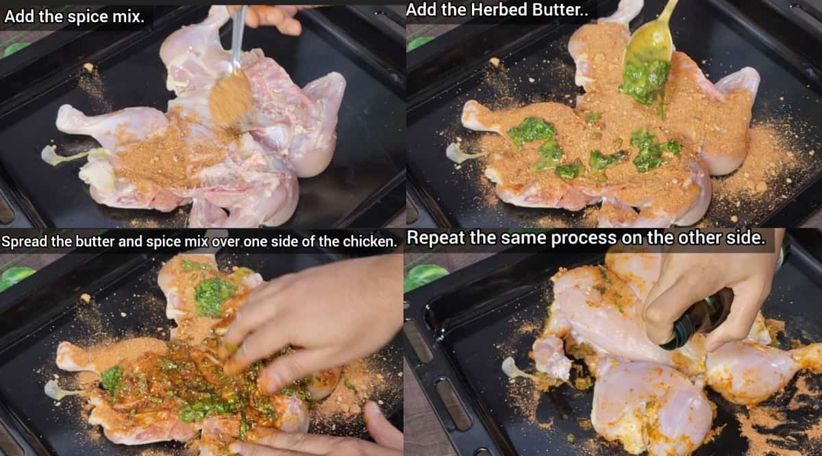 images showing How to rub the whole chicken with spice mix and herbed butter