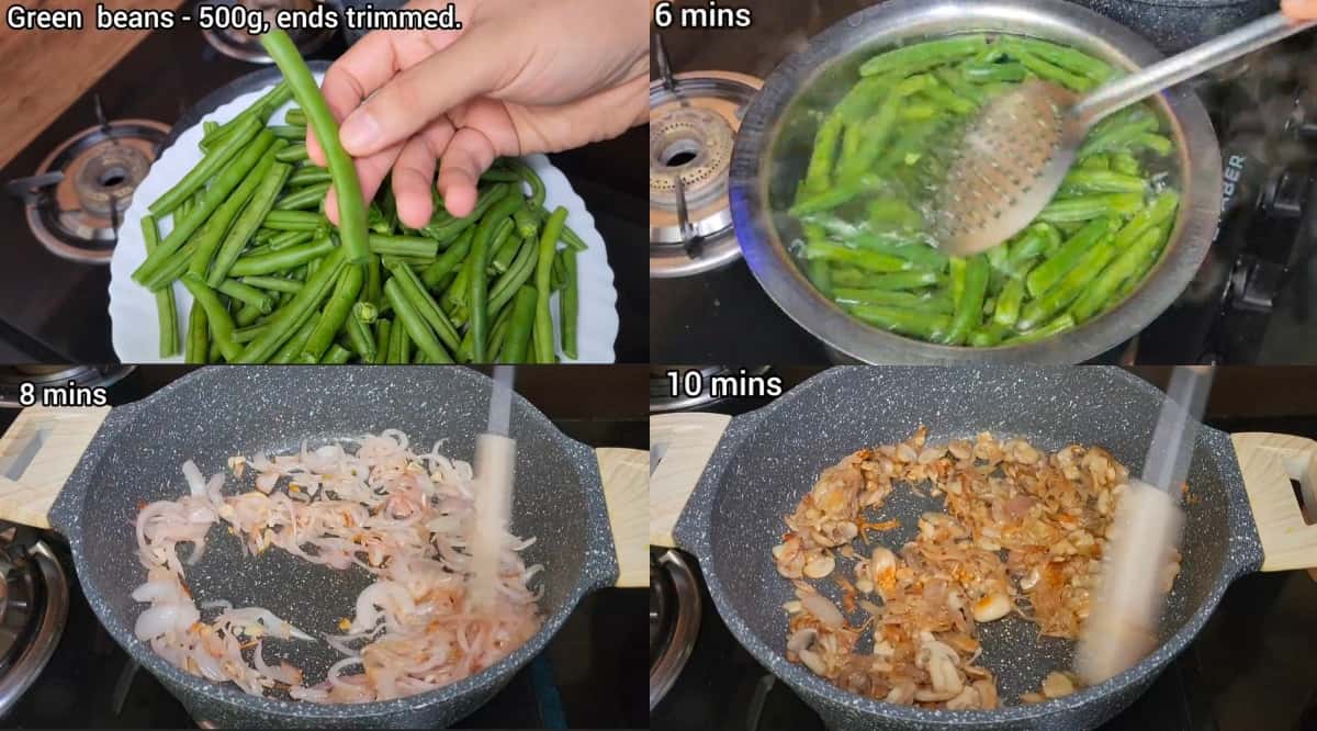 Images on How to cut and blanch green beans for casserole, sauteing onion and mushrooms 