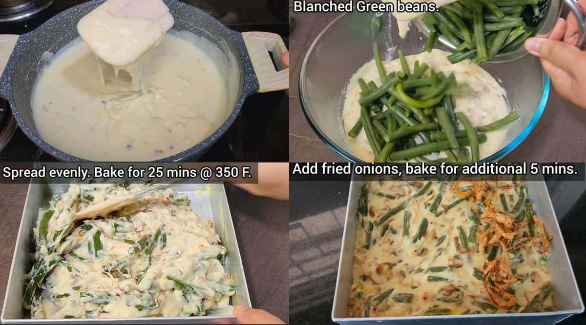 Images on mixing and baking green bean casserole with crispy fried onions 