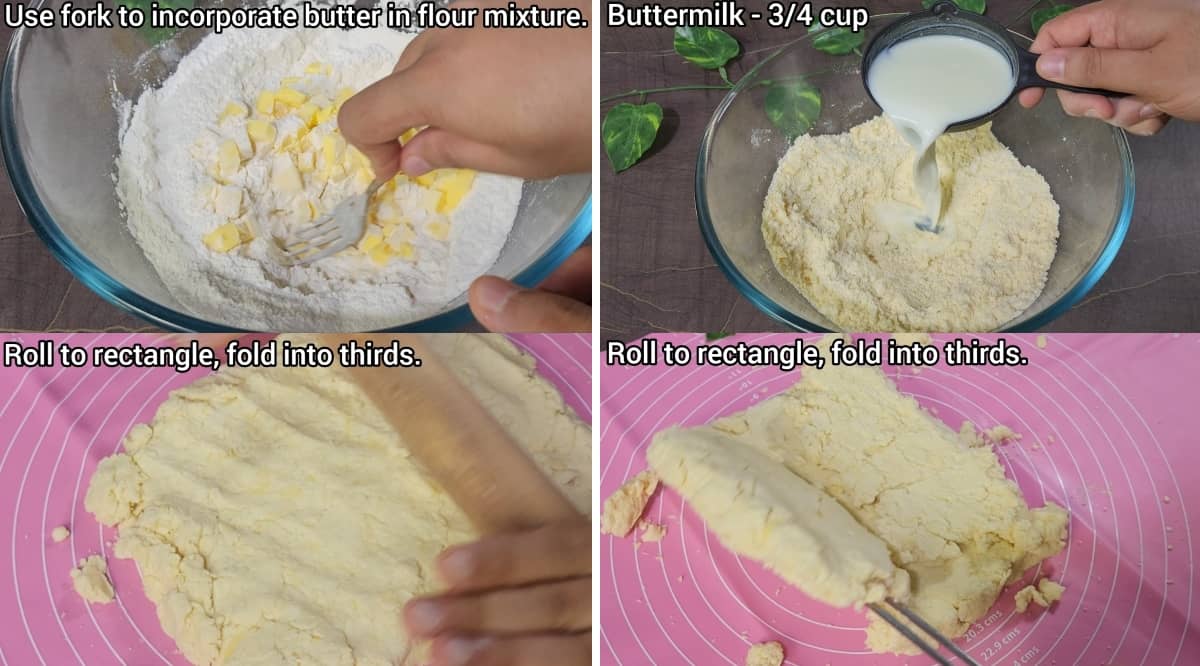 Mix the cold butter, add buttermilk, form dough and roll into rectangle 
