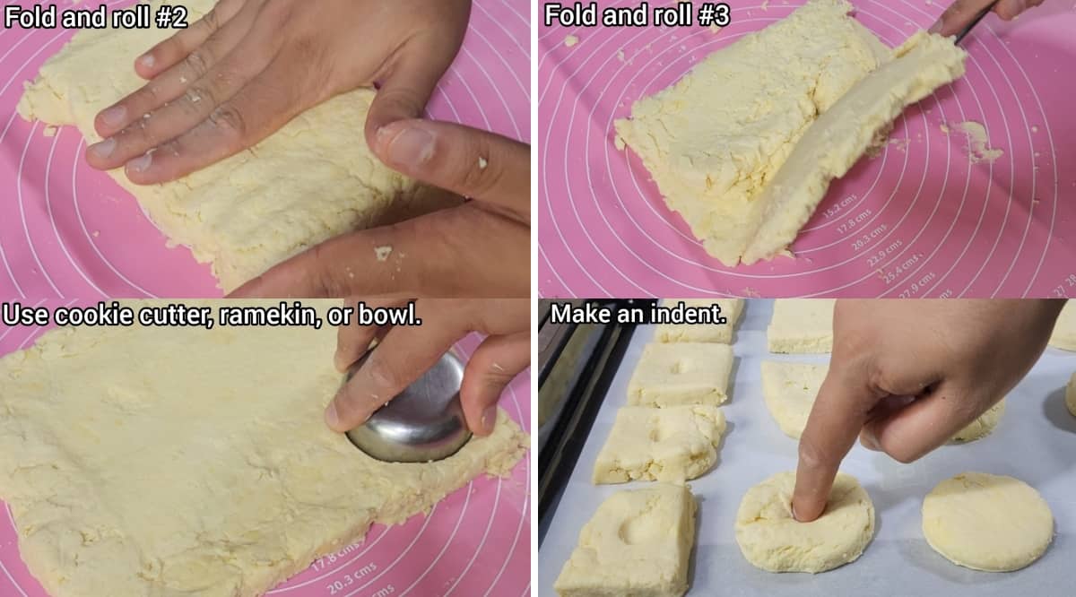folding dough t form layers, cut using cookie cutter and brush with buttermilk, make an indent 
